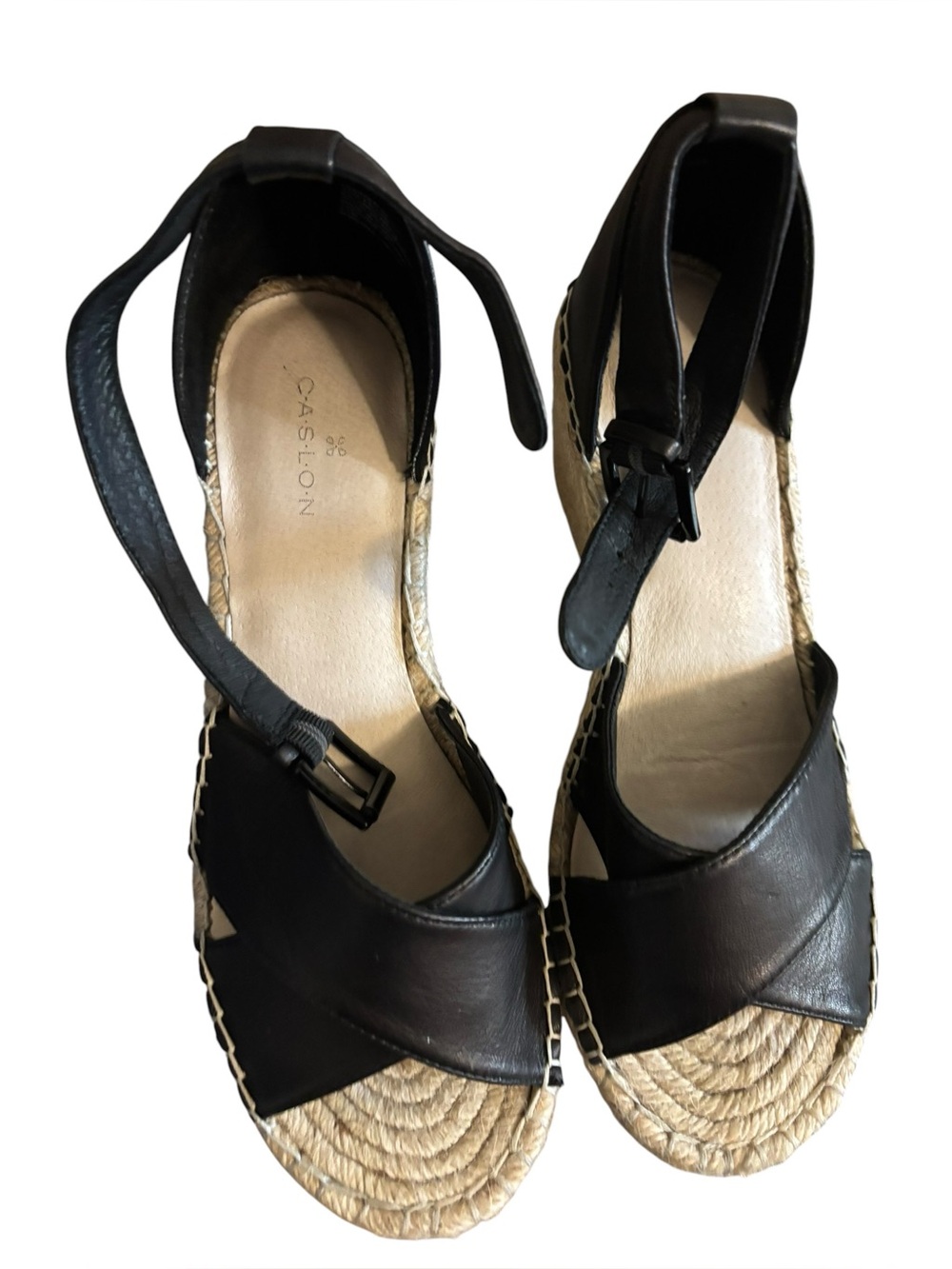 Caslon Black Leather Espadrille Wedge Sandals with Ankle Tie - Picture 2 of 9